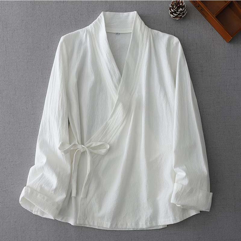 Summer Clothing Wraps - 中国風の女性のラップタイフロント着物シャツブラウス春夏ボヘミアンコットンカーディガントップブラックホワイトヴィンテージ服
