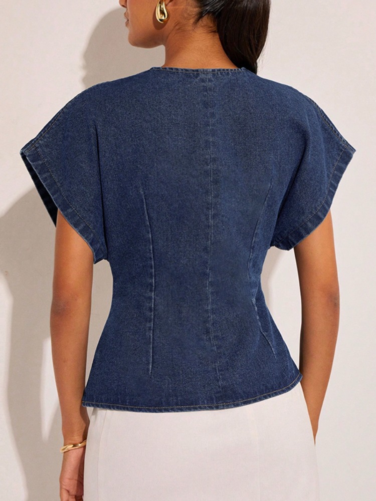 2026年女性用ダークブルーデニムブラウス婦人服Vネック半袖 - Summer Clothing Wraps のレビューと価格