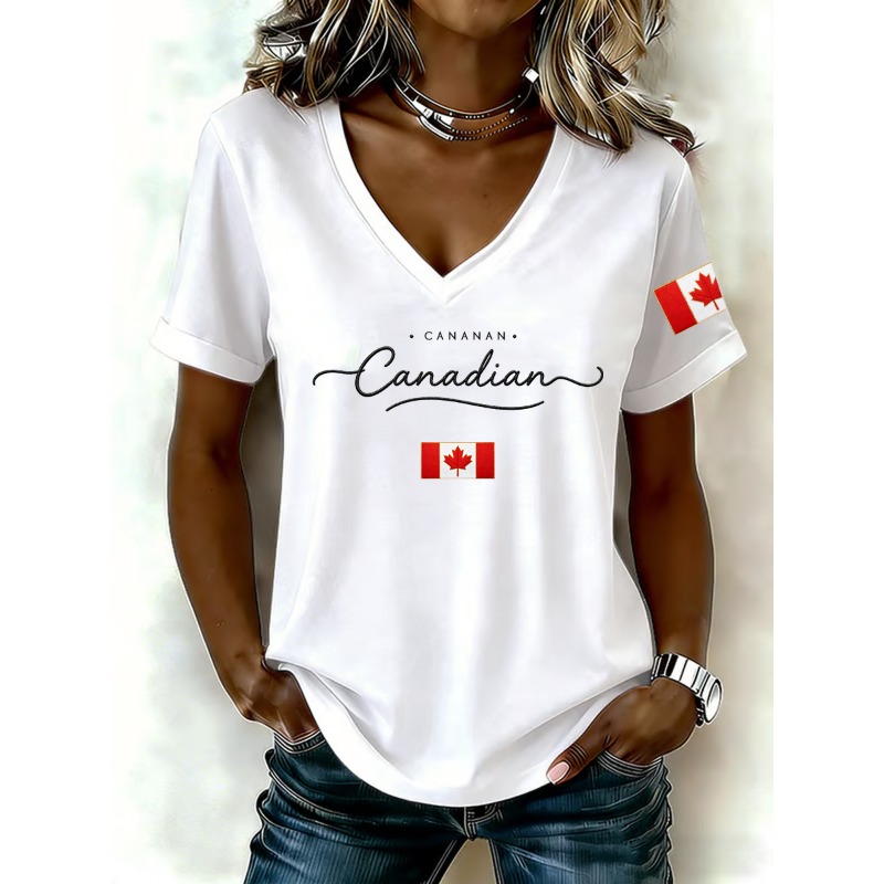 カナダ国旗プリント女性の Tシャツファッション V ネック半 - Summer Clothing Women Canada のレビューと価格