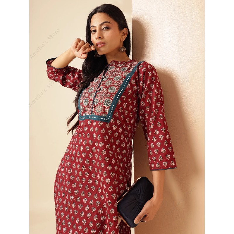 春夏 レディース エスニック マルーン 花柄プリント クルタ - Summer Clothing Pakistan のレビューと価格