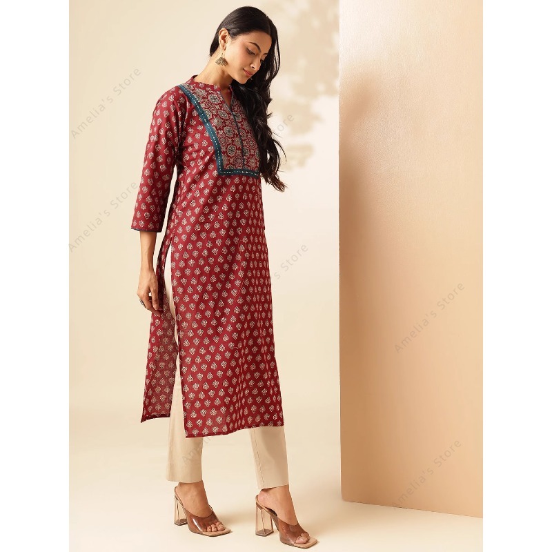 春夏 レディース エスニック マルーン 花柄プリント クルタ - Summer Clothing Pakistan のレビューと価格