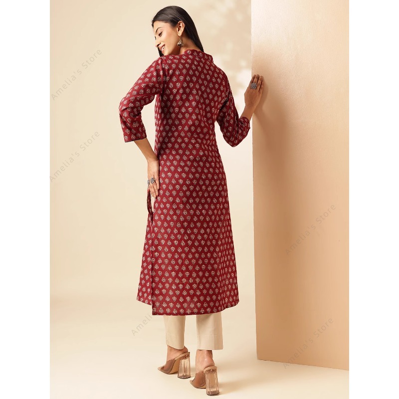 春夏 レディース エスニック マルーン 花柄プリント クルタ - Summer Clothing Pakistan のレビューと価格