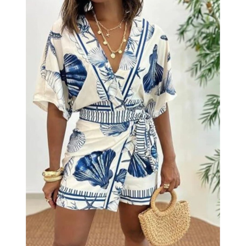 ファッションプリント半袖女性の V ネックスリムフィットジャ - Summer Zara のレビューと価格