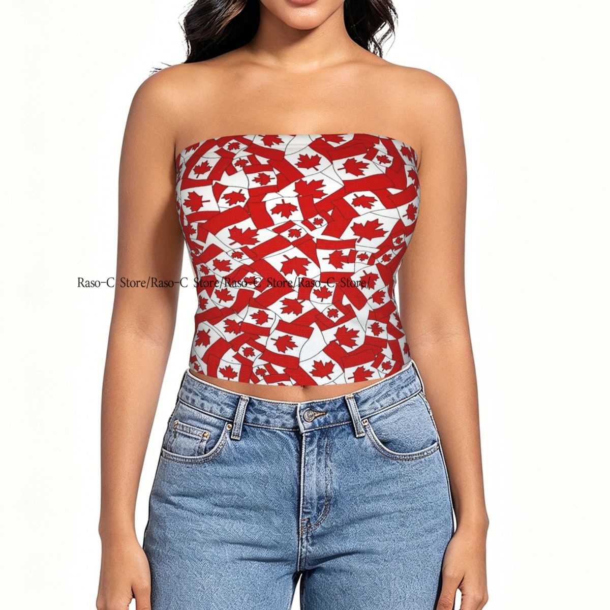 女性用ブロッククロップスリムチューブトップ、カナダ国旗柄スト - Summer Clothing Women Canada のレビューと価格